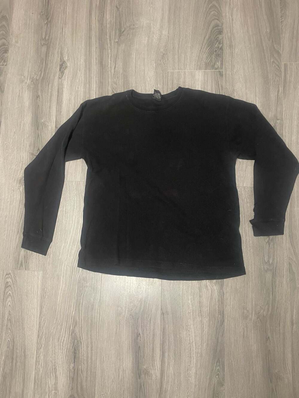 Black Long-Sleeve Thermal Waffle Knit Crewneck Shirt